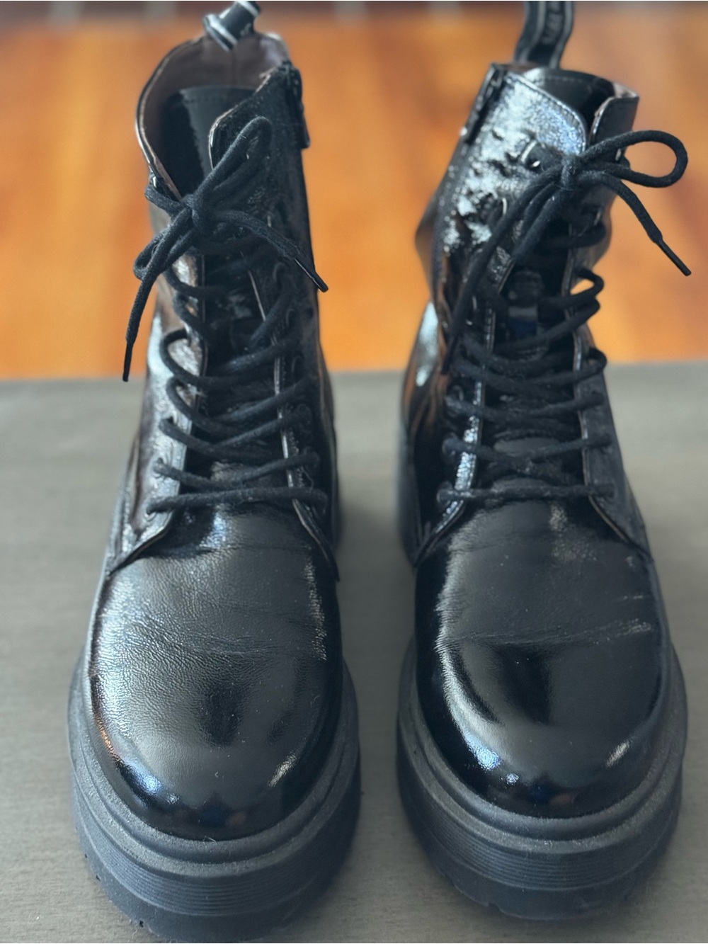 Nero Giardini Black Patent Leather Lace-Up Combat Boots